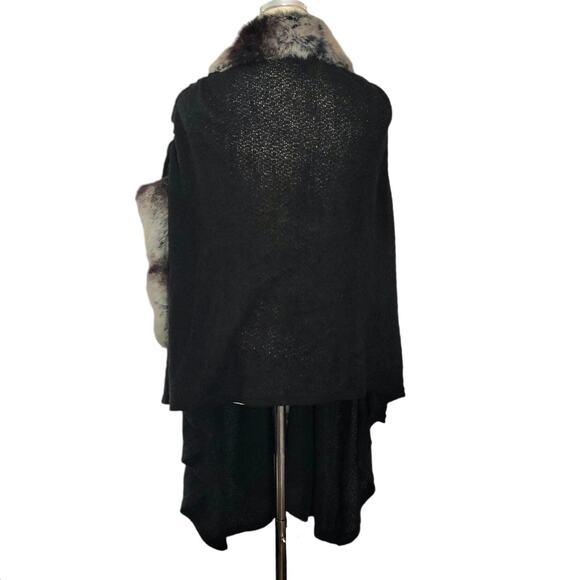 Pretty Angel Faux Fur Trimmed Duster Vest Black Linen Wool Knit Cardigan S/M - Picture 11 of 16